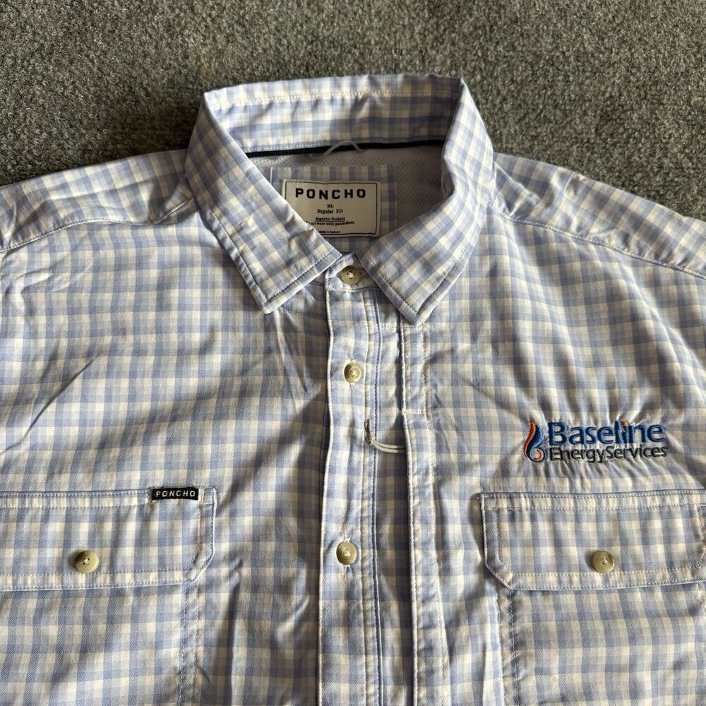 Poncho Outdoors Button-Up Shirt XL Blue Gingham Check Vent Back Magnetic Pocket